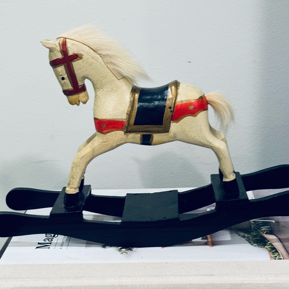 Vintage Carousel Rocking Horse 1940s Carved Wood Hand Painted Real Fur
